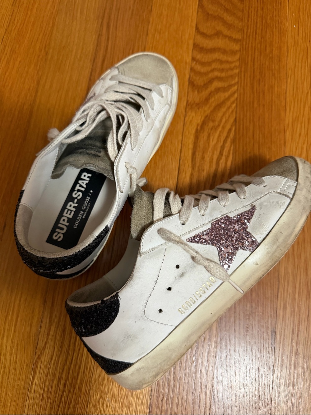 Golden Goose Super-Star White Leather Sneakers with Pink Glitter Star